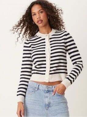 Mango Navy and White Striped Button-Up Cardigan
